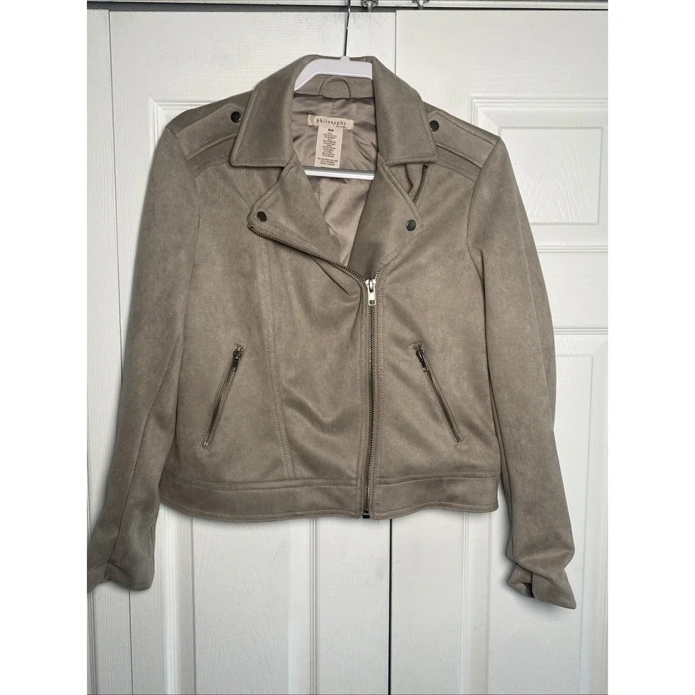 Philosophy Moto Faux Suede Jacket Womens Size M Taupe Tan Asymmetric‎ Zip Biker